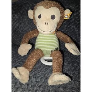 Steiff Baby Monkey Plush Rattle Pull Ring Green Stripe Lovey Toy Button In Ear